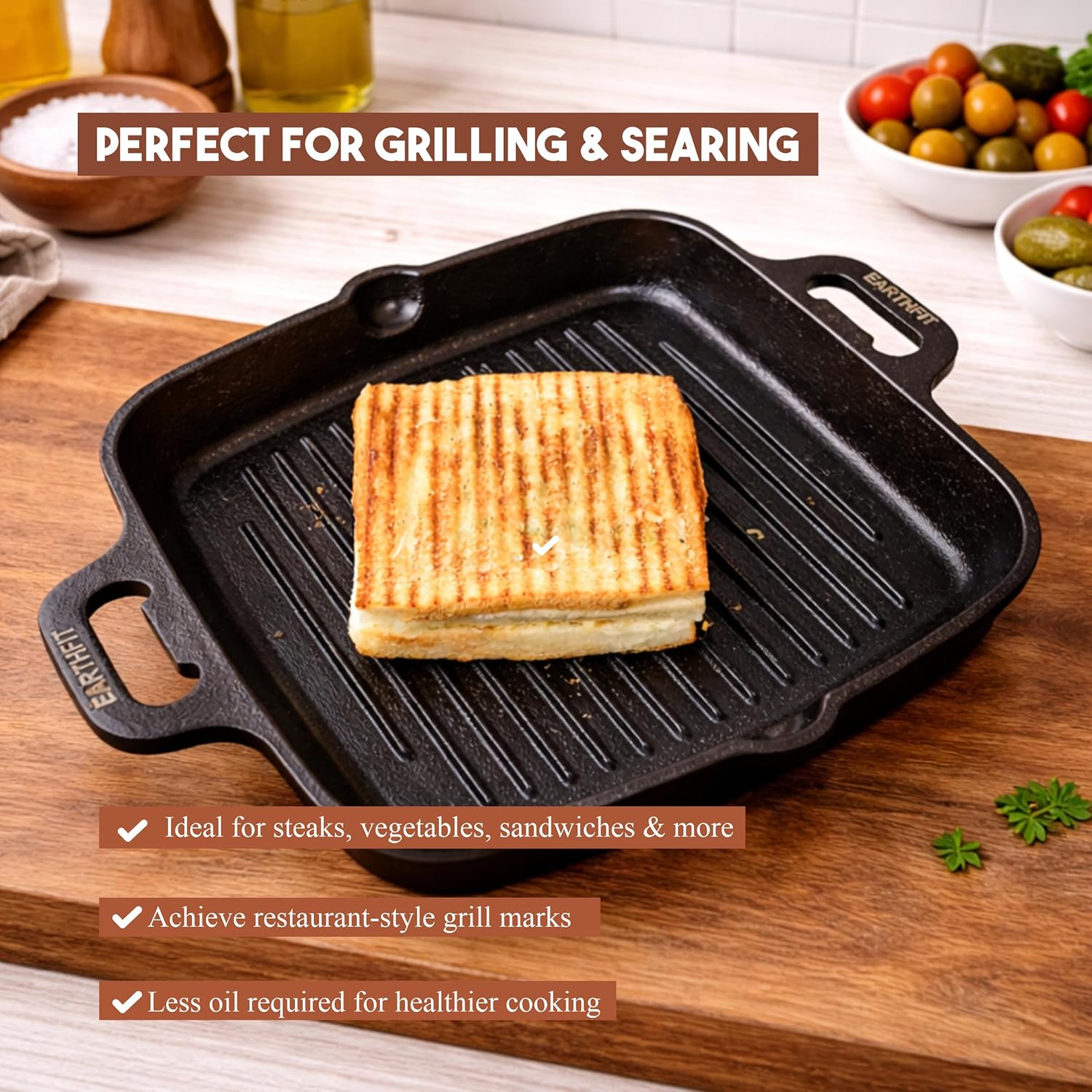 Cast Iron Grill Pan With Double Handle 9" Inch