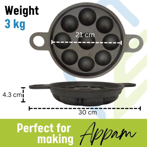 Cast Iron Appe Pan 9 Pit with Lid and Wooden Spatula