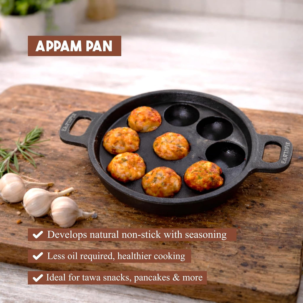 Cast Iron Appe Pan 9 Pit with Lid and Wooden Spatula