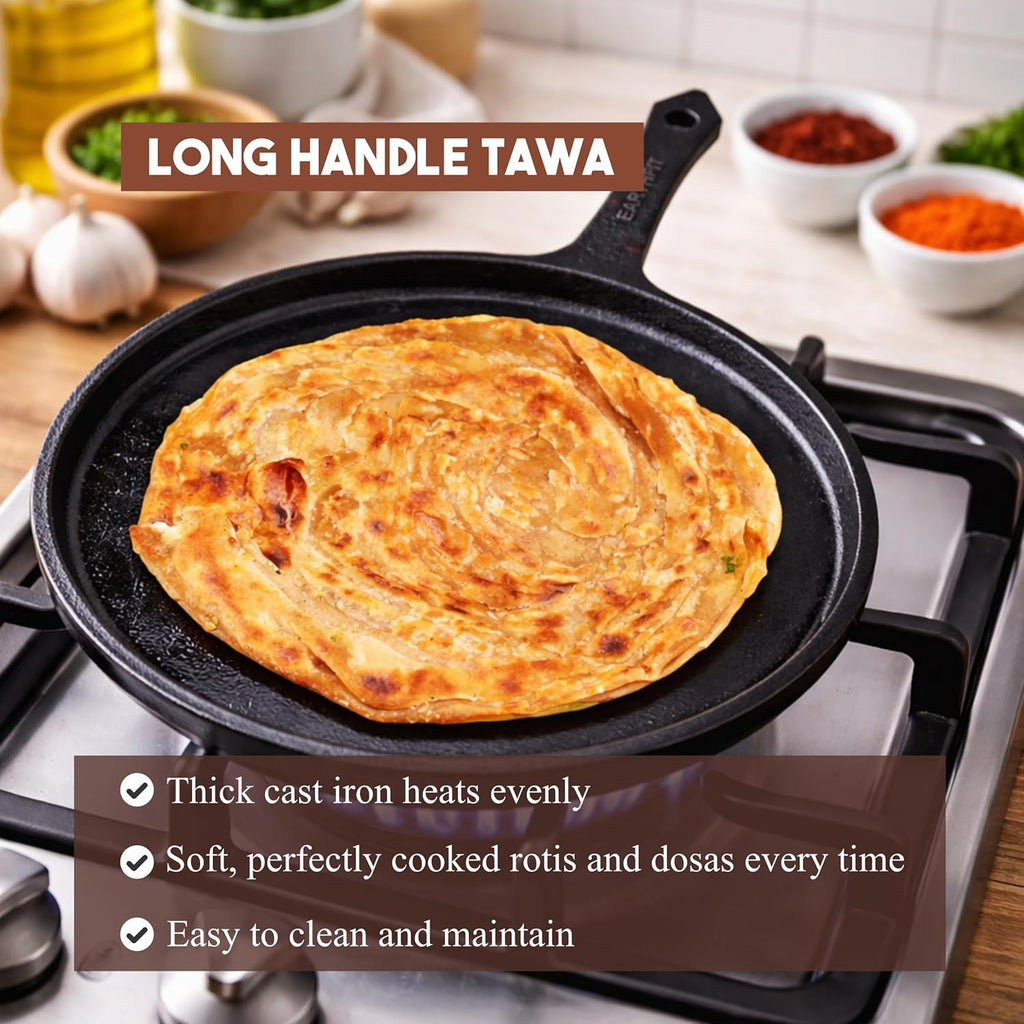 Cast Iron Dosa Tawa with Long Handle 10" Inch