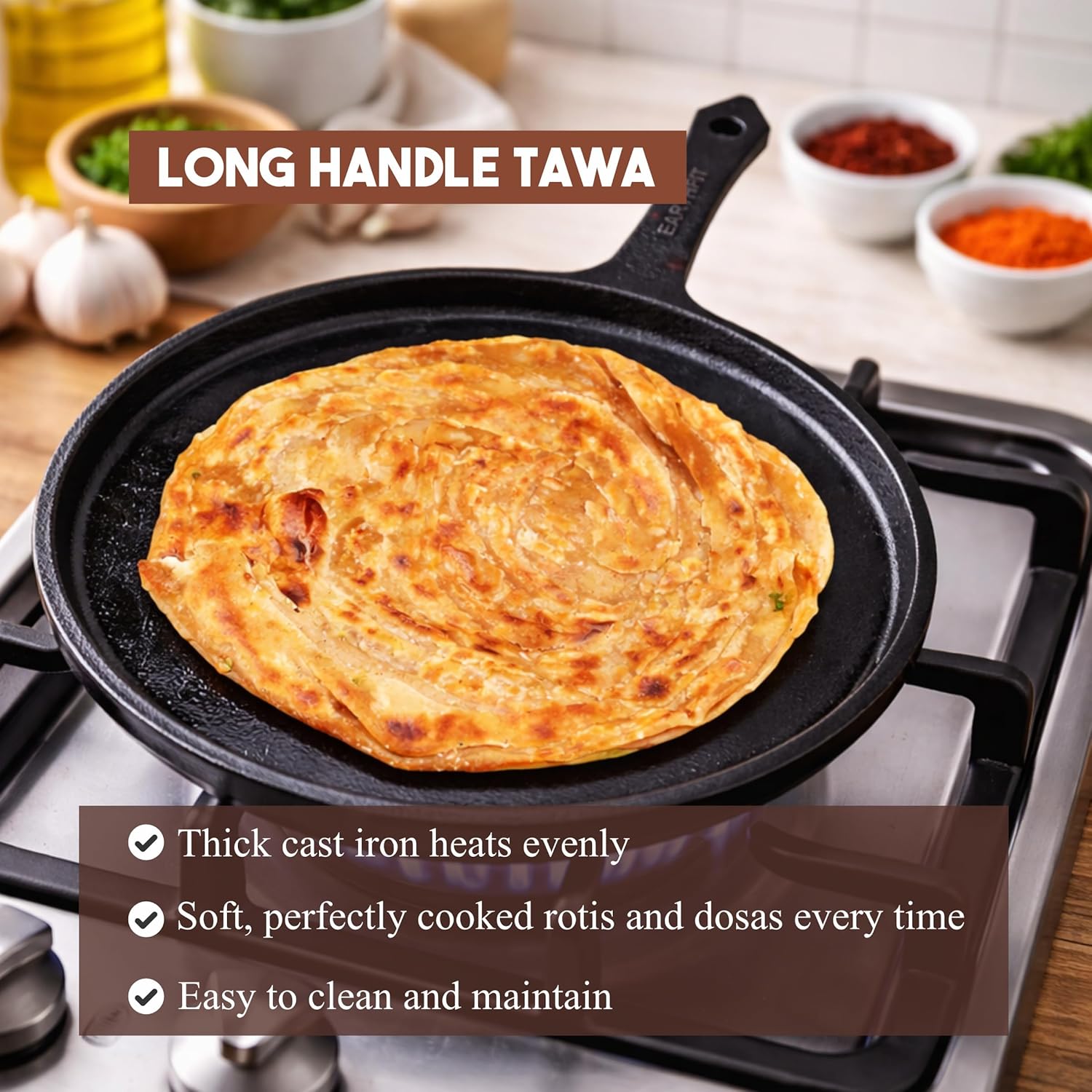 Cast Iron Dosa Tawa with Long Handle 10" Inch
