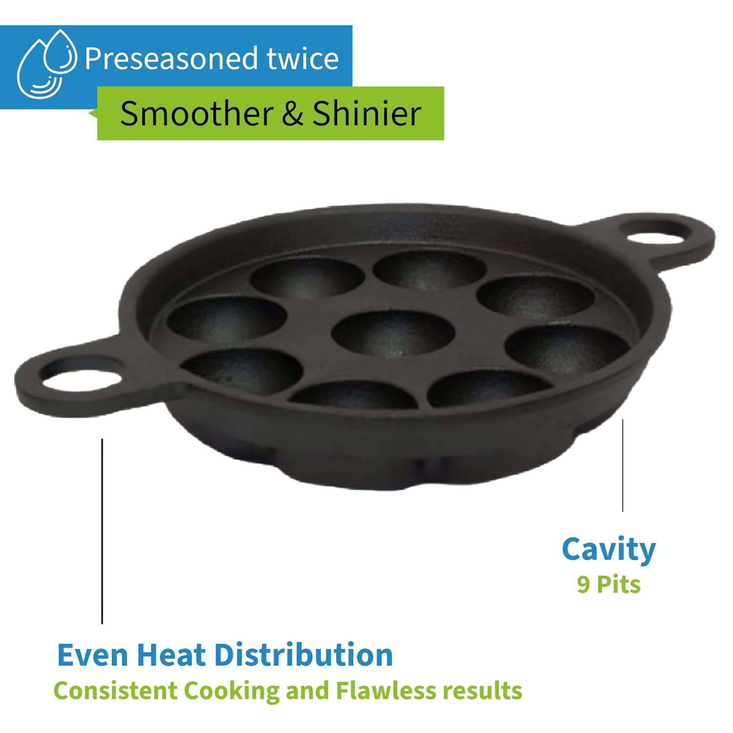 Cast Iron Appe Pan 9 Pit with Lid and Wooden Spatula