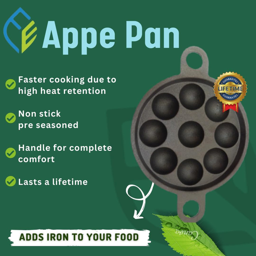 Cast Iron Appe Pan 9 Pit with Lid and Wooden Spatula