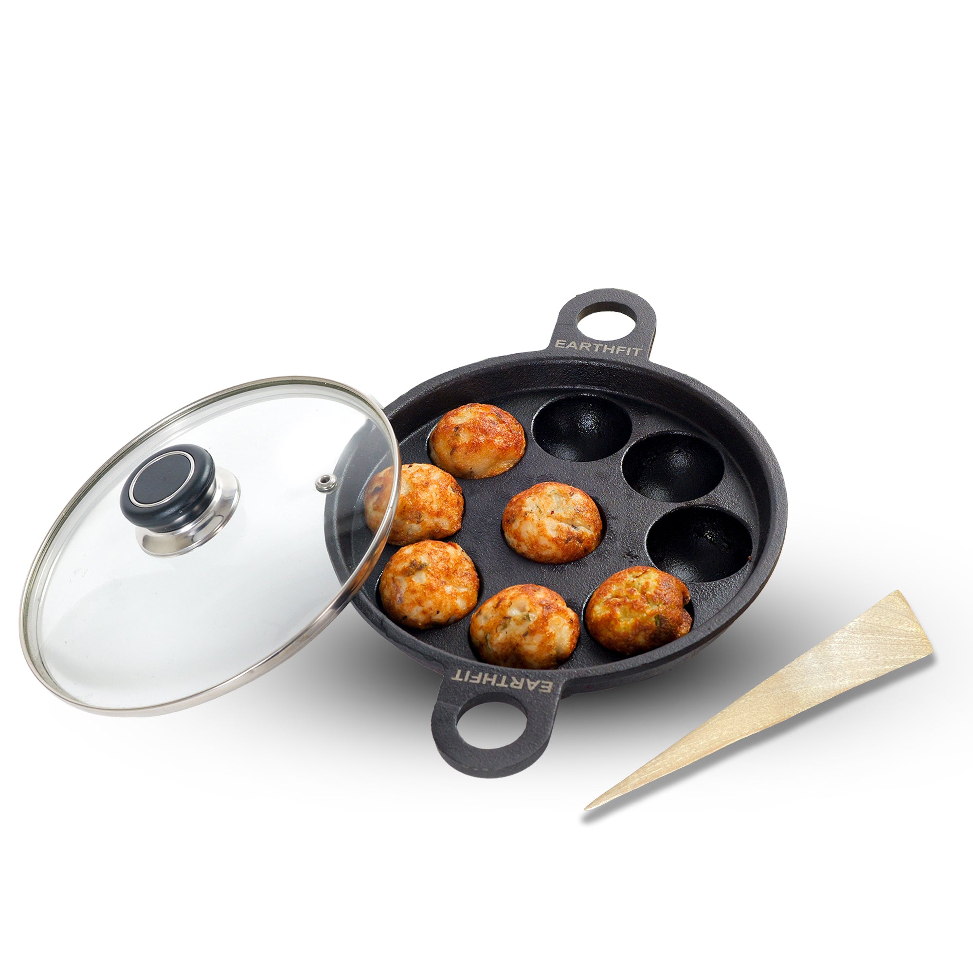 Cast Iron Appe Pan 9 Pit with Lid and Wooden Spatula